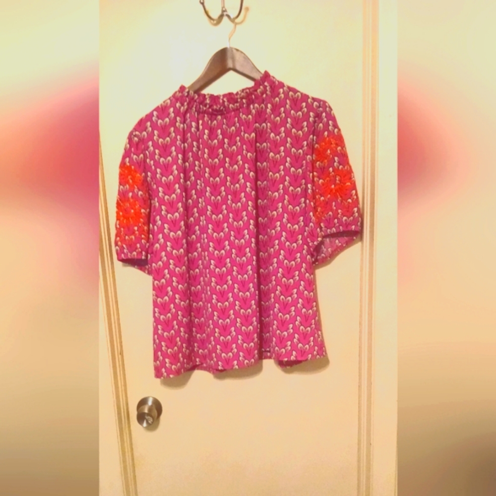 Plus size Ruffle NeckTop with Embroidered Sleeves Size 1X